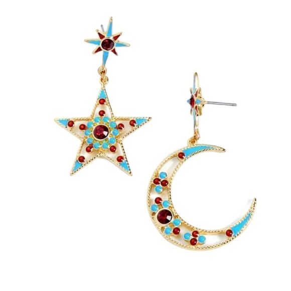 Bijoux Star Crescent Moon Mismatched Gold Tone Multicolor Dangle Earrings NWT - Picture 11 of 14